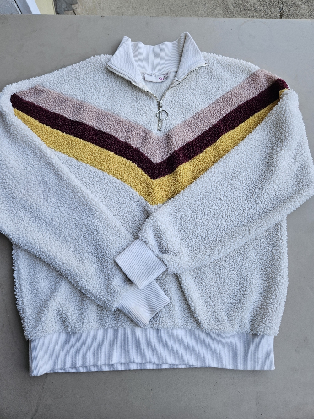 SO White Sherpa Pullover with Yellow, Maroon & Pink Chevron